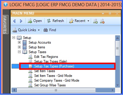 fmcg setup tax types purchase menu